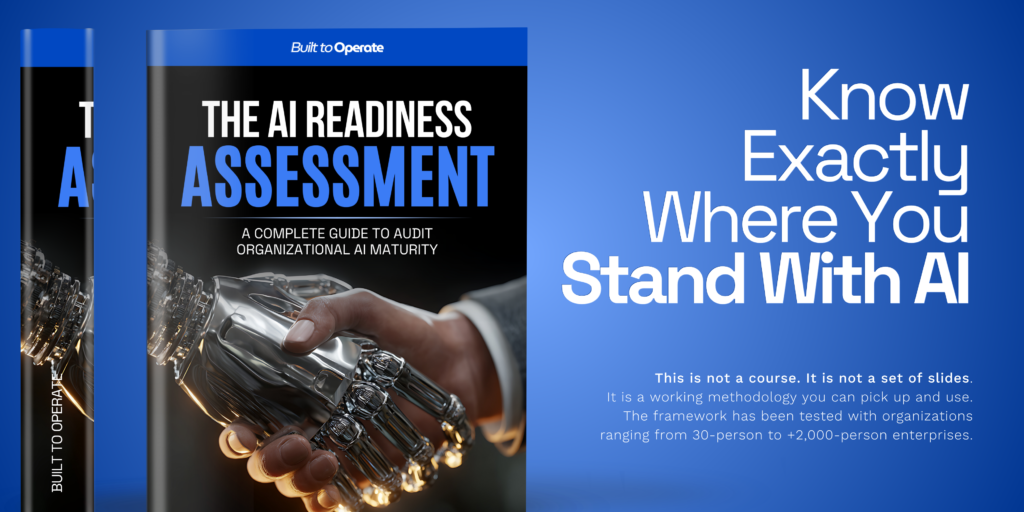 The complete system for assessing organizational AI maturity. The book, the instruments, and everything in between. The AI Readiness Assessment Toolkit includes the complete diagnostic guide + 7 professional files. Every instrument you need to run a complete AI readiness assessment from scoping to presentation. Built to Operate